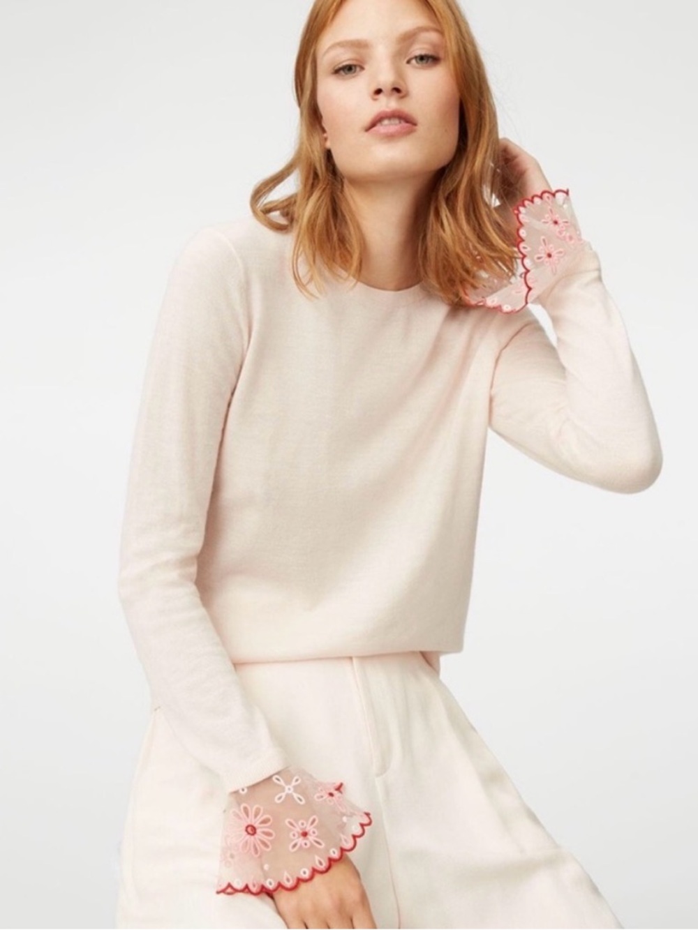 Club Monaco Pale Pink Sweater with Embroidered Scallop Cuffs